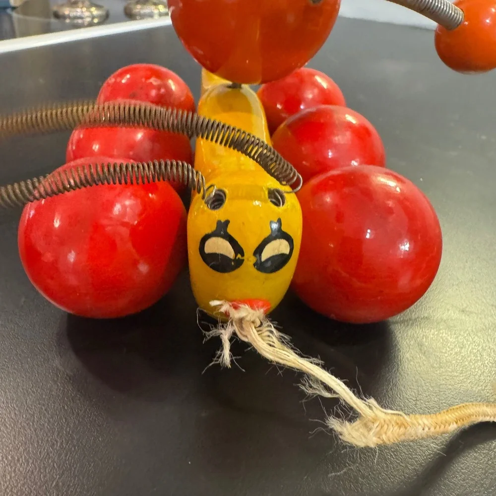 Vintage Wooden Caterpillar Pull Toy Multicolor Mid Century Modern Spring Bug